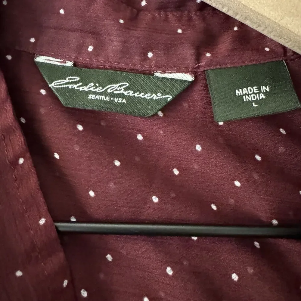 Eddie Bauer L Burgundy Long Sleeve Semi‎ Sheer Blouse Button Up Polka Dots - Picture 2 of 16